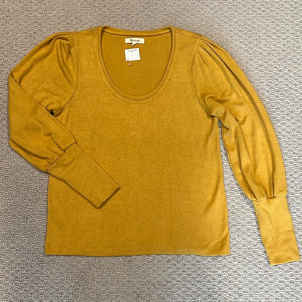 Madewell scoop neck sweater with pleated puff sleeves